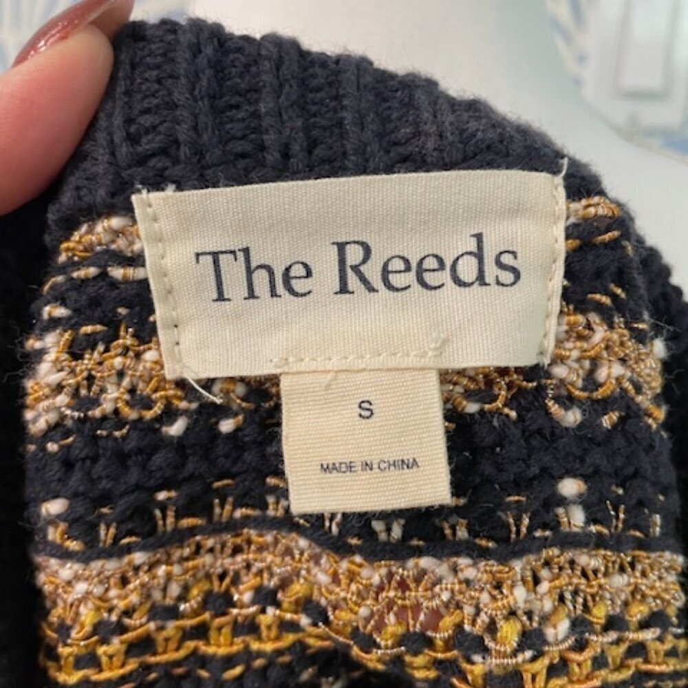 The Reeds Navy Fair Isle Sweater Gold Metallic Knit Winter Cottagecore Sz Small - Picture 4 of 5